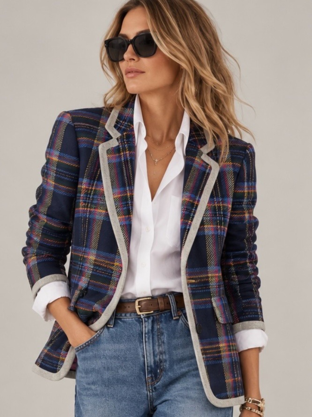 Ipekyol Plaid Tartan Blazer US 4 Navy Contrast Trim Pink Lining Preppy Jacket